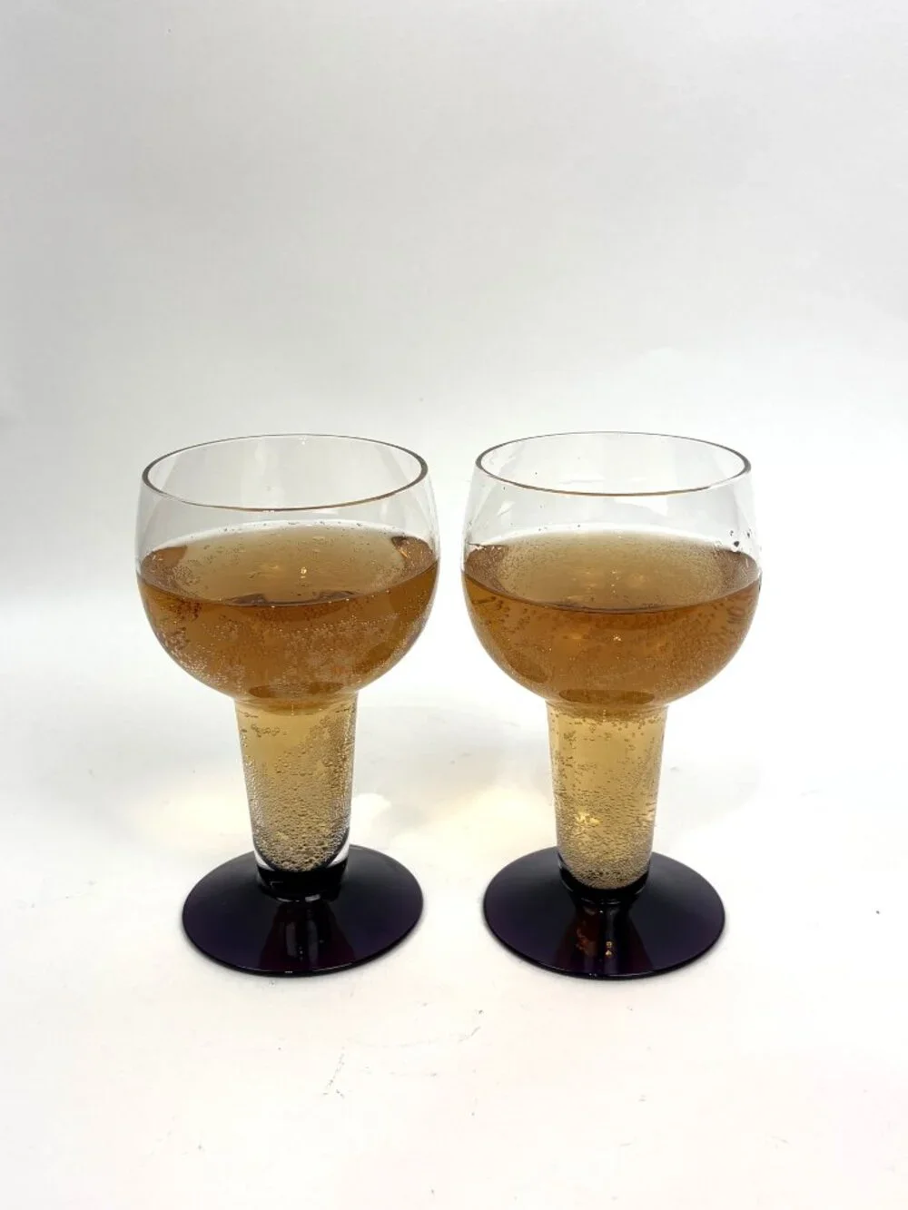 Vintage Clear Glass Hollow Stem Goblets Amethyst Purple Base - Set of 2